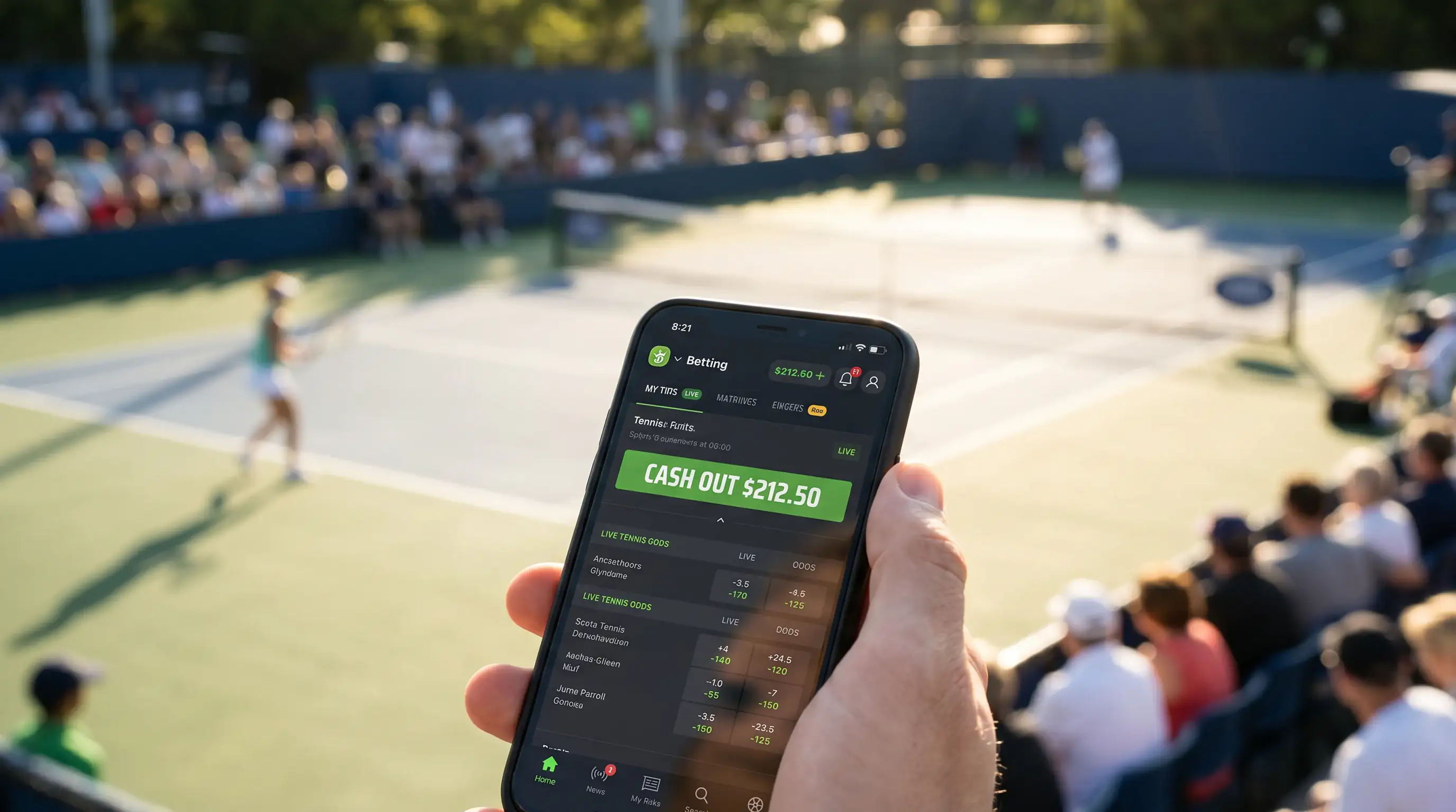 Бутон cash out на екран по време на тенис мач на живо